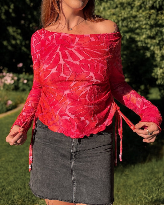 RUCHED OFF SHOULDER TOP RED BLOOM
